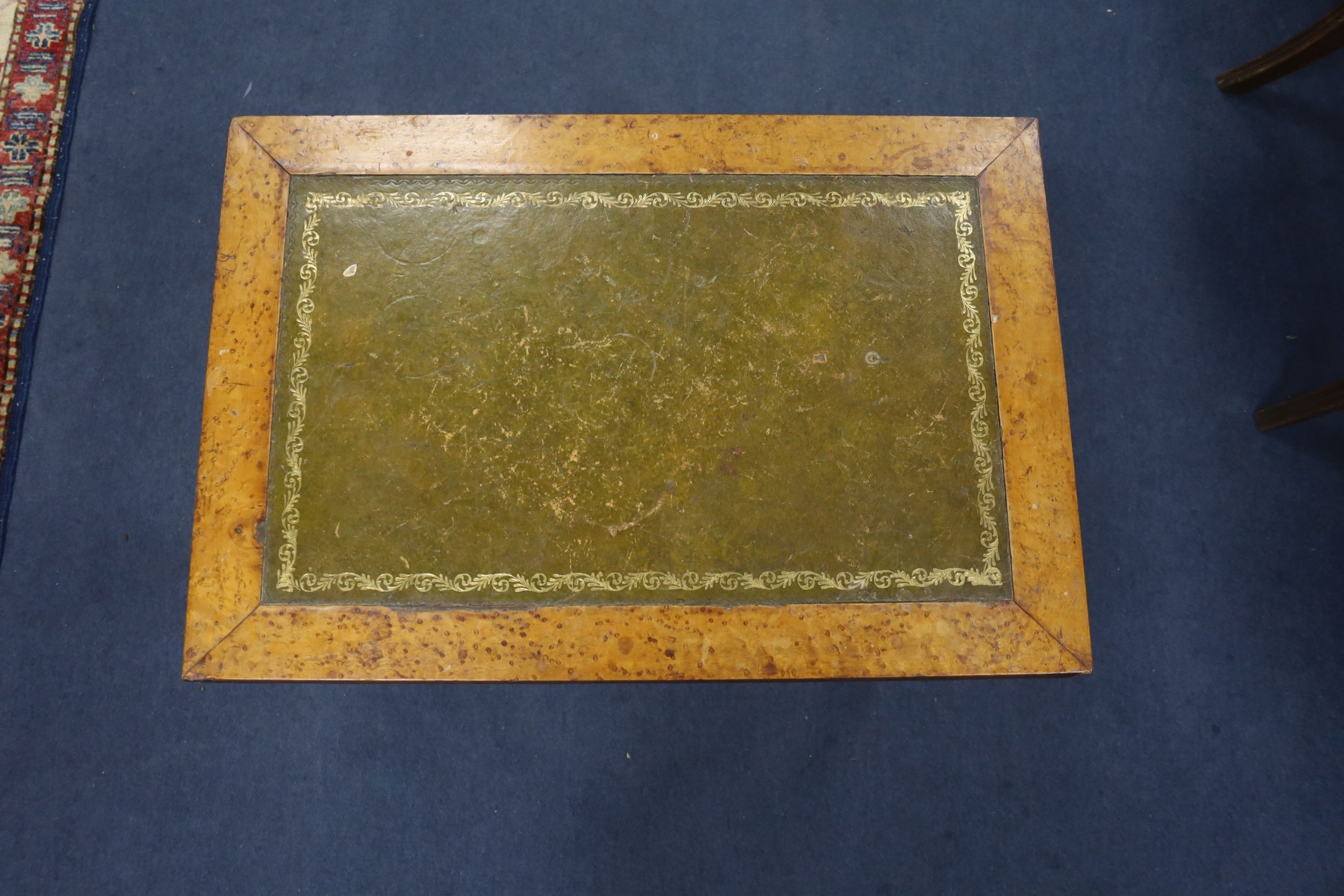 A Victorian bird's eye maple veneered leather-topped rectangular topped occasional table (ex bidet), width 66cm, depth 45cm, height 48cm
